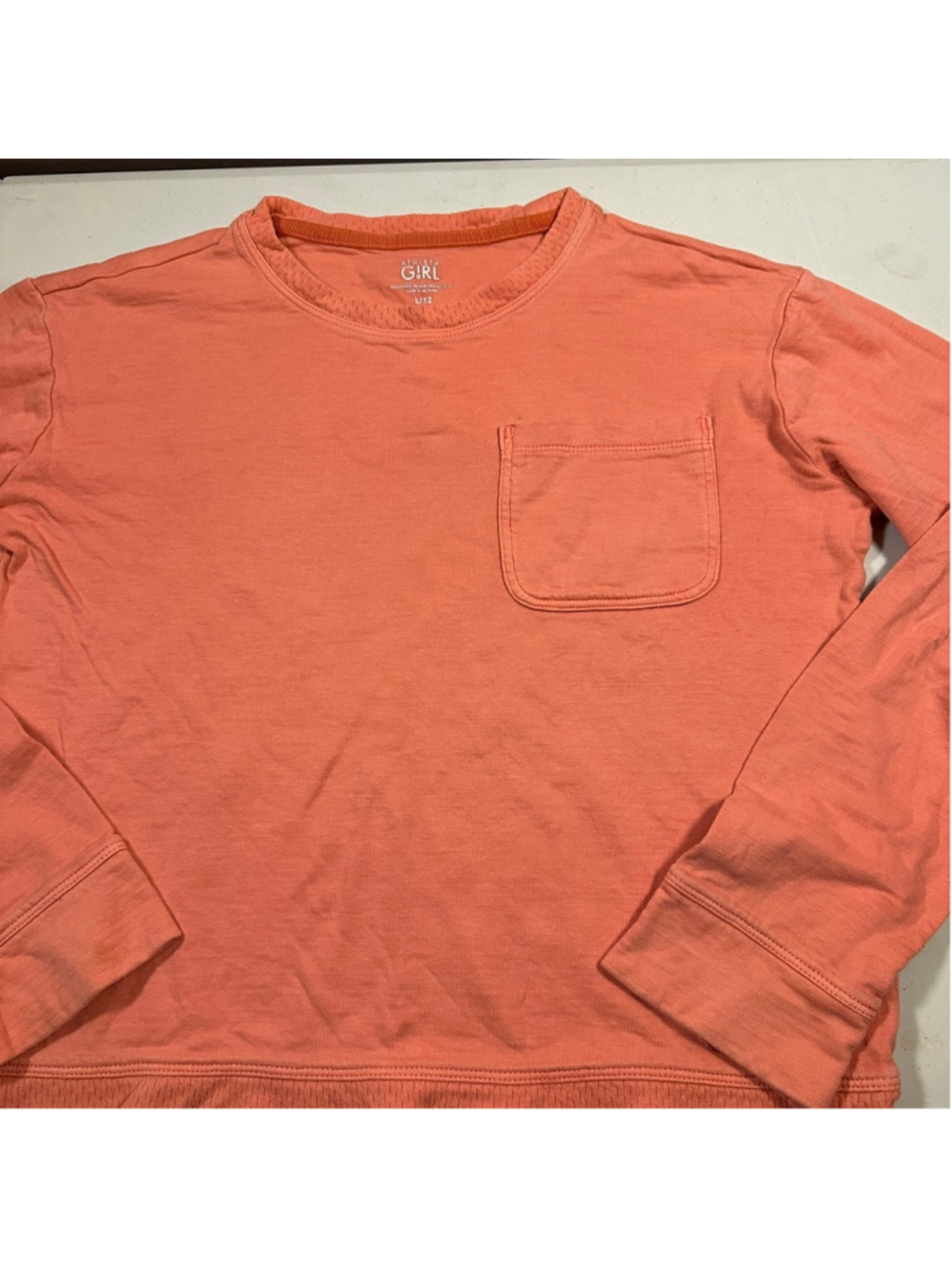 Girls Athleta Long Sleeve Tee L/12 Coral Cotton Star Logo Patch Pocket - Picture 3 of 7